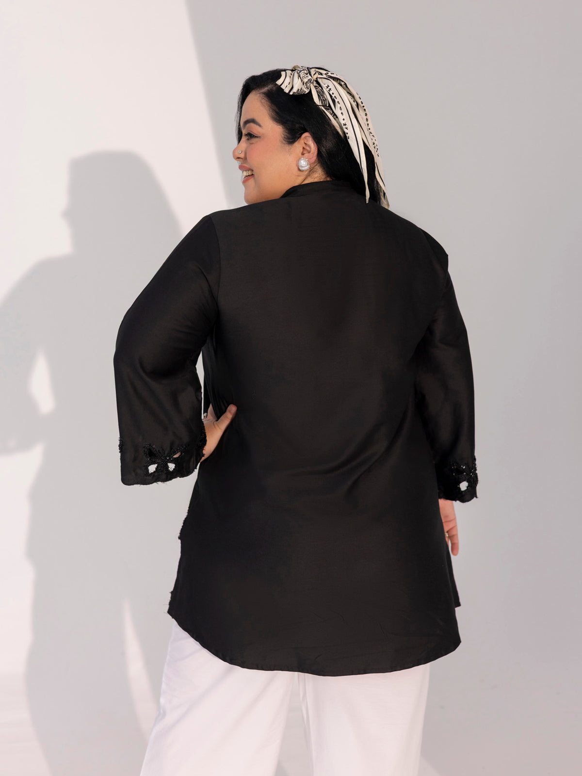 TITTLI Plus Size Women Cotton Silk Butterfly Handwork Embroidered Shirt Collar Kurti(Black)