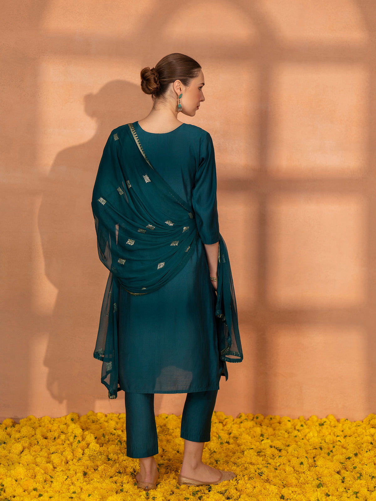 TITTLI Women Handwork Embroidered U-Neck Roman Silk Kurta Set with Dupatta(Rama)