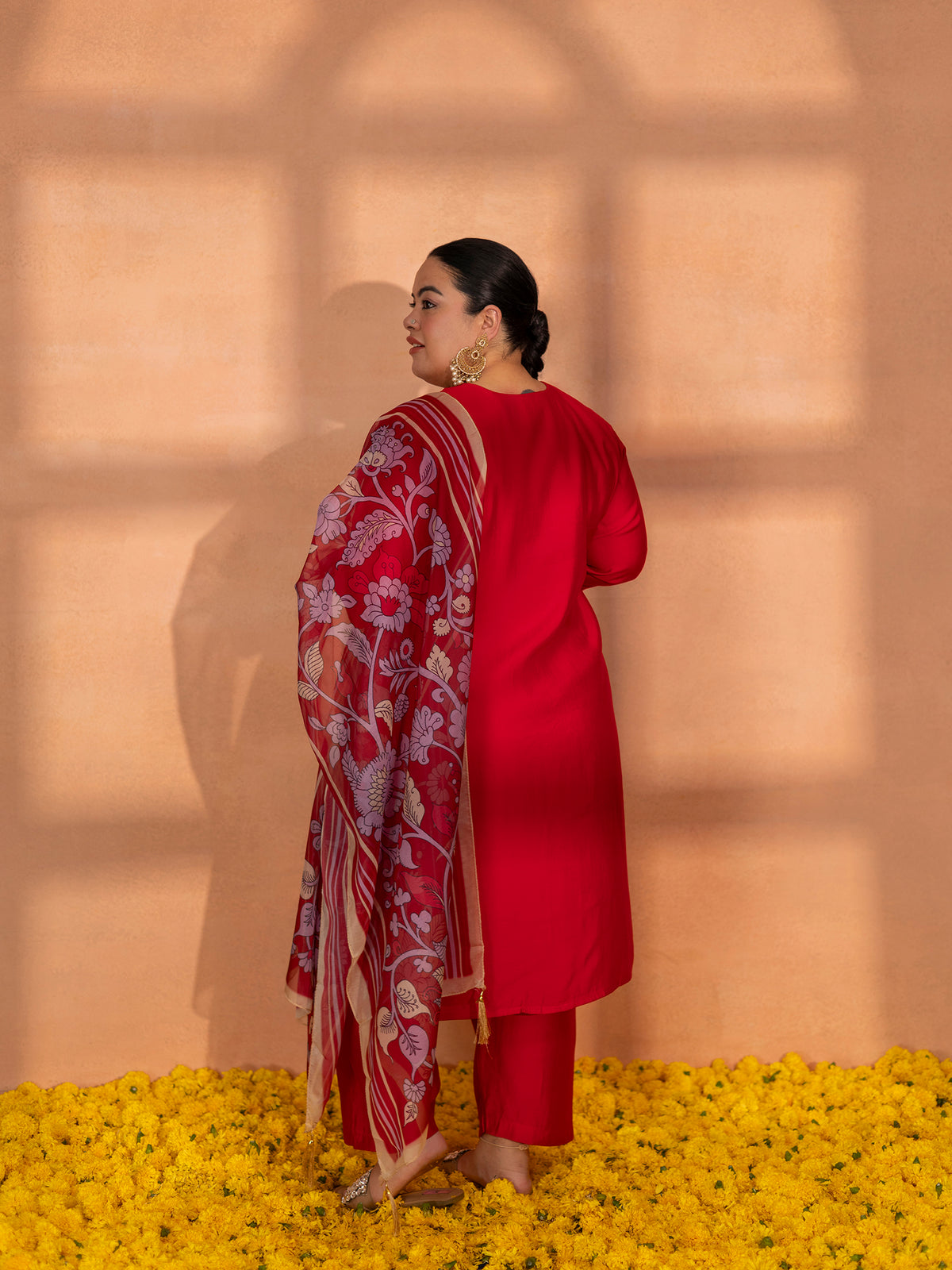 TITTLI Plus Size Women Handwork Embroidered U-Neck Roman Silk Kurta Set with Georgette Digital Print Dupatta(Cherry Red)
