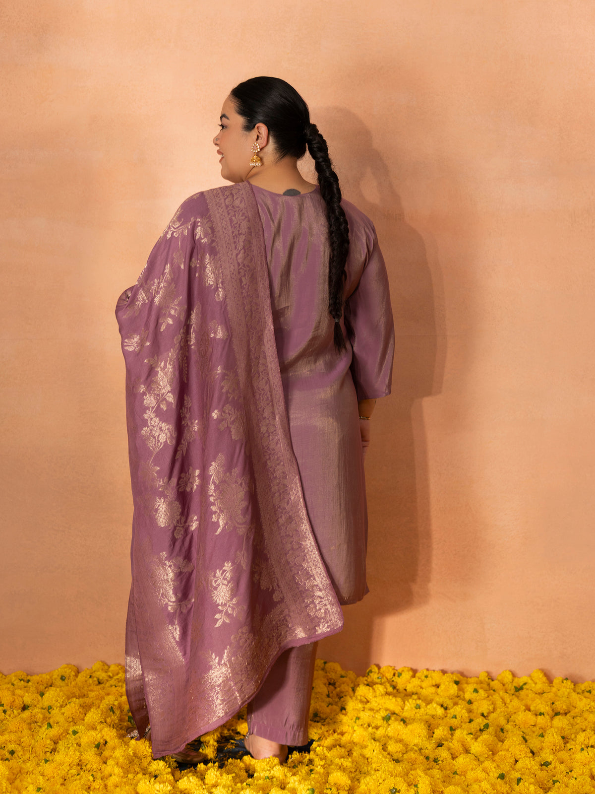 TITTLI Plus Size Women Handwork Embroidered U-Neck Roman Shimmer Silk Kurta Set with Jacquard Banarasi Print Dupatta (Purple)