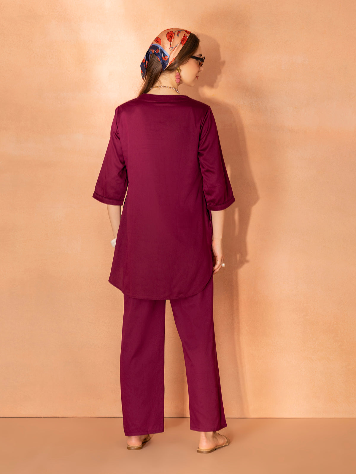TITTLI Women Cotton Silk V-Neck Tunic & Trousers Co-Ord Set (Wine)