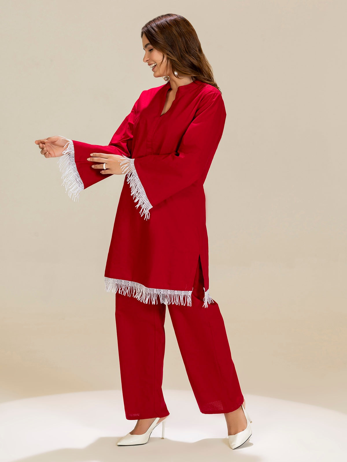 TITTLI Pure Cotton Mandarin Collared V-Neck Lace Detailing Tunic & Trouser Co-Ord Set