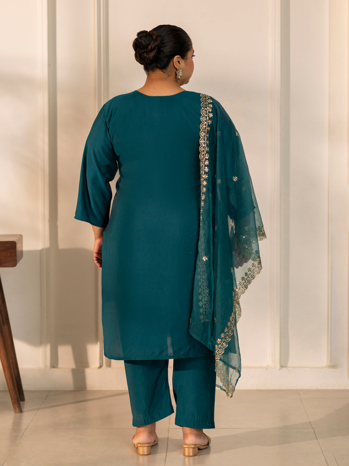TITTLI Plus Size Women Handwork Embroidered V-Neck Roman Silk Kurta Set with Georgette Cutwork Dupatta (Rama)