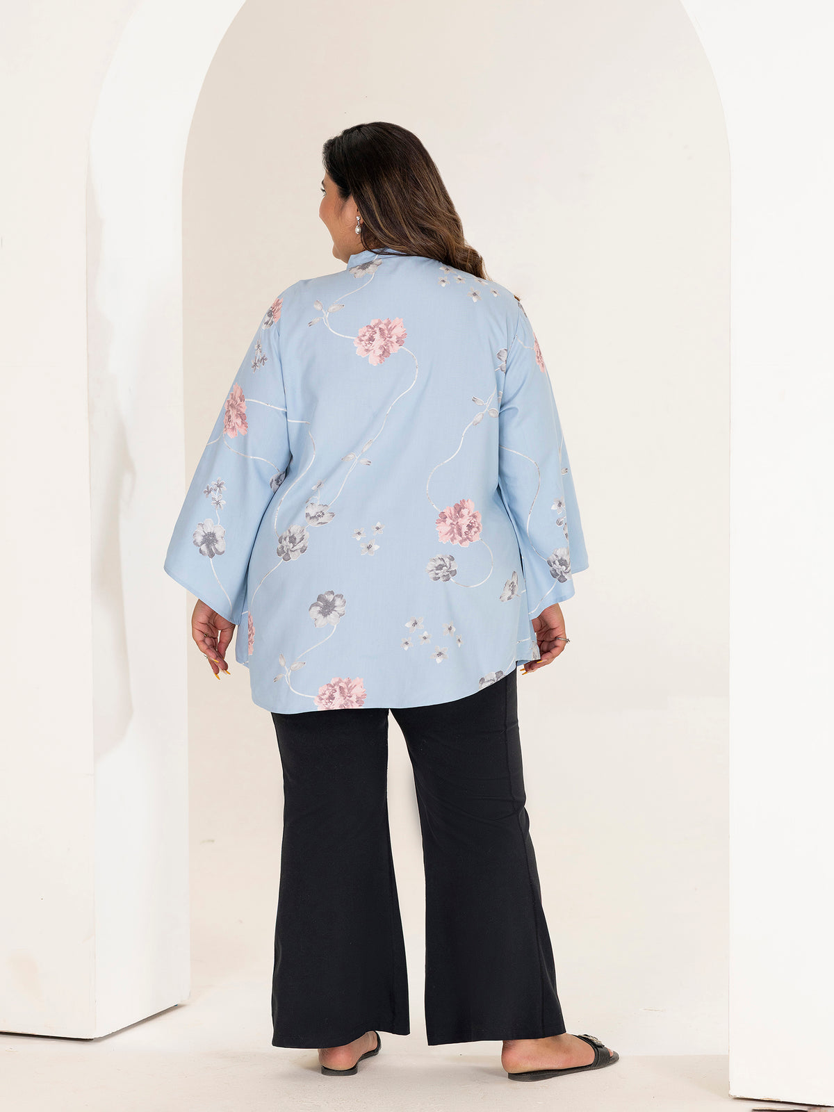 TITTLI Women Plus Size Floral Printed Short Kurti with Round Neck Collar Keyhole Tie-Up & Full Sleeves(Sky blue)
