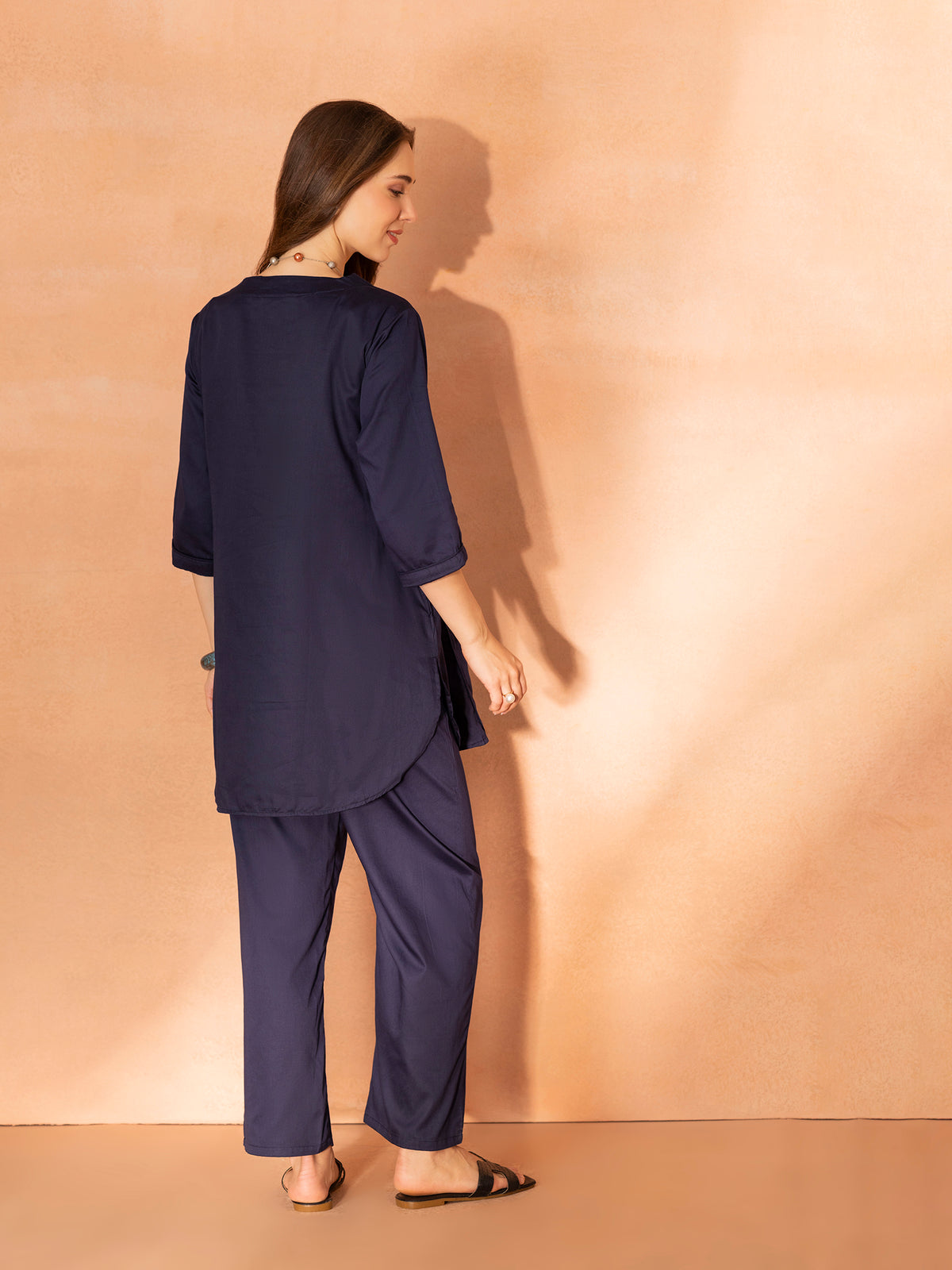 TITTLI Women Cotton Silk V-Neck Tunic & Trousers Co-Ord Set (Navy Blue)