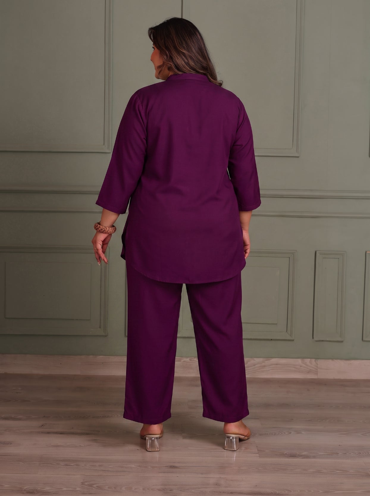 TITTLI Women Plus Size Cotton Silk Tunic & Straight Trousers Co-Ord Set (Wine)