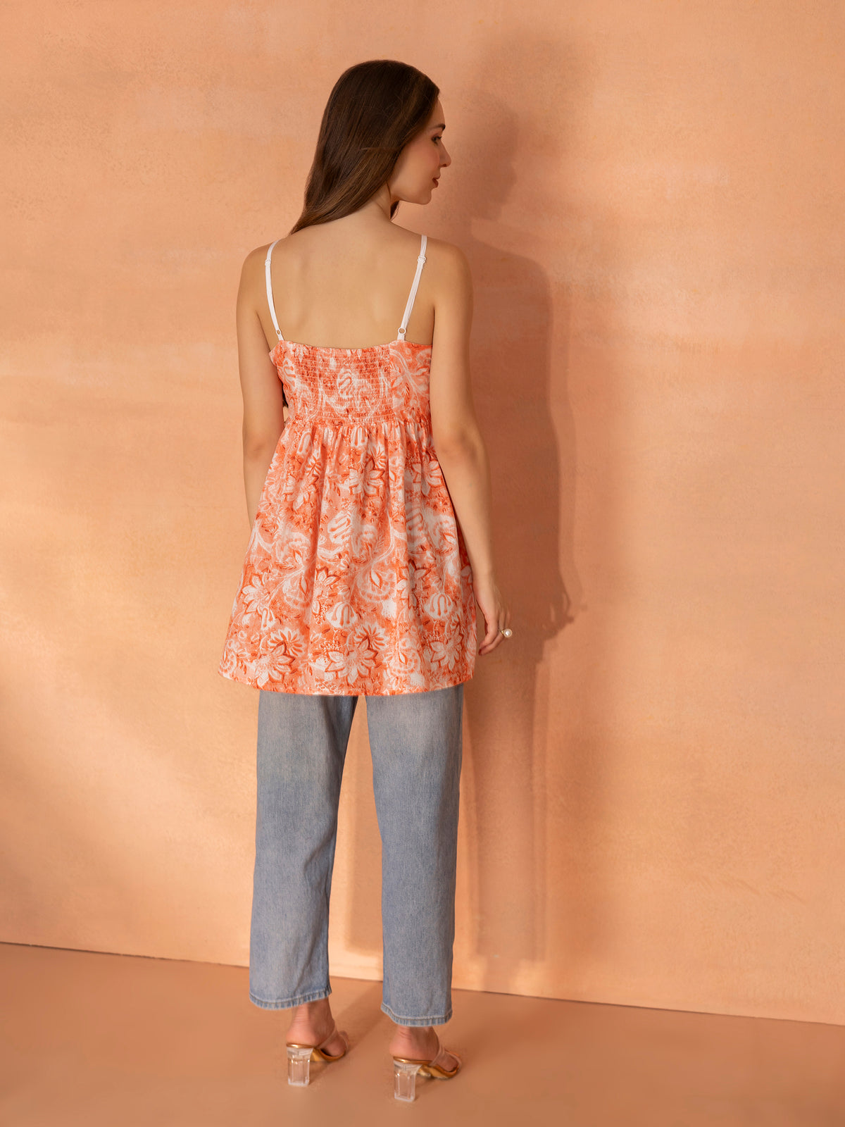 Floral Printed Spaghetti Style Padded Short Kurti (Orange)
