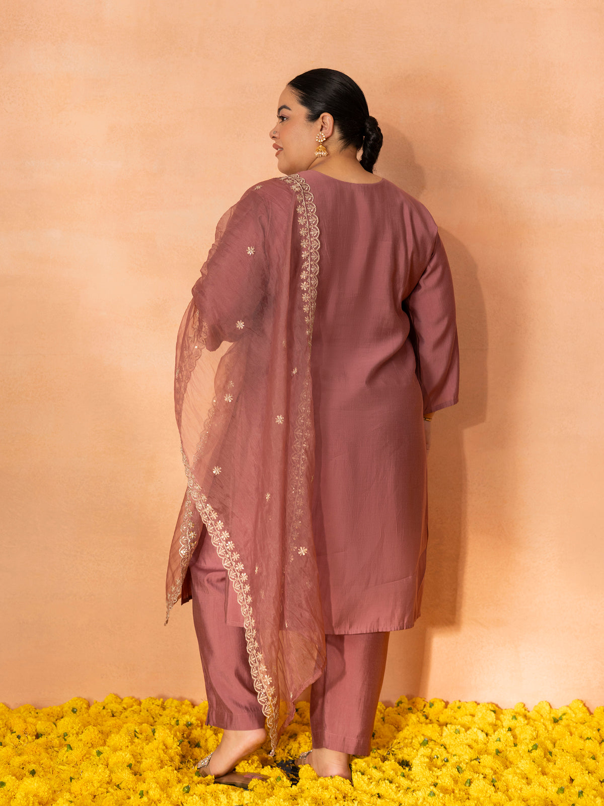 TITTLI Plus Size Women Handwork Embroidered Round Neck Roman Silk Kurta Set with Cut-Work Dupatta (Gajjar)