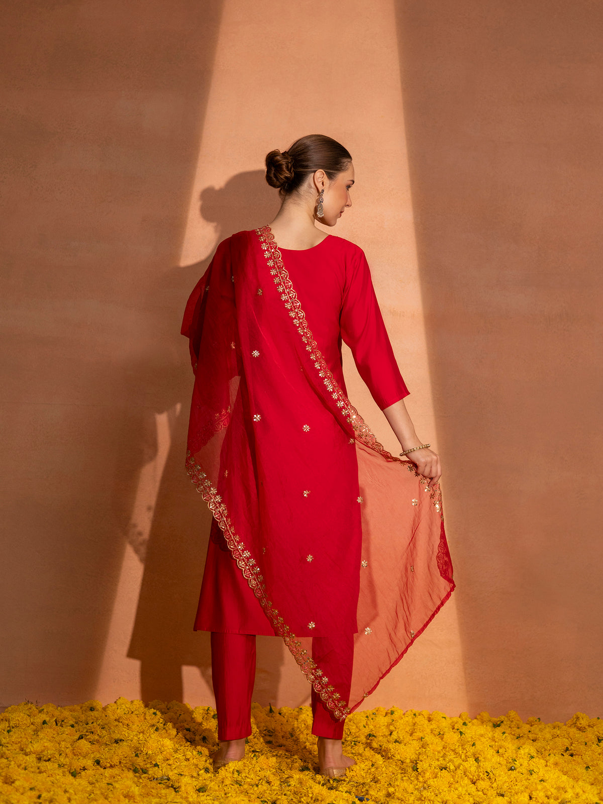 TITTLI Women Handwork Embroidered U-Neck Roman Silk Kurta Set with Georgette Cutwork Dupatta (Red)