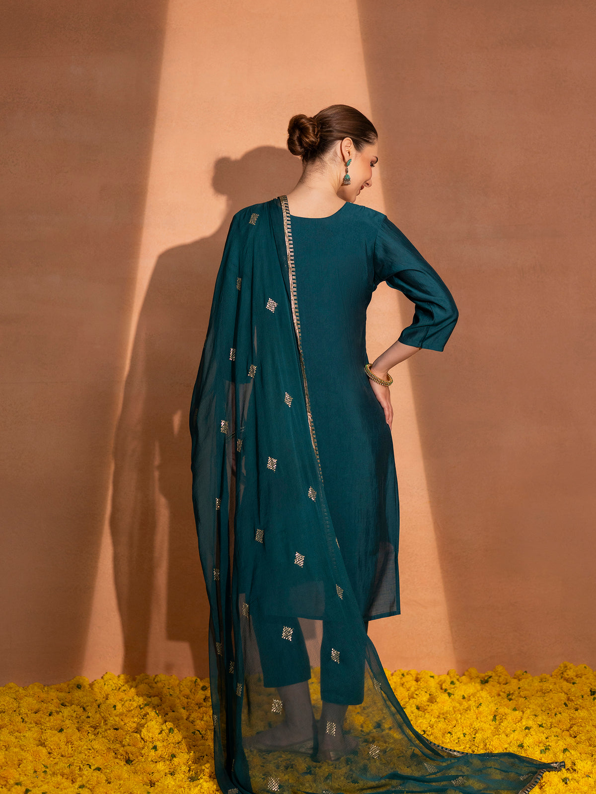 TITTLI Women Handwork Embroidered U-Neck Roman Silk Kurta Set with Georgette Cutwork Dupatta (Rama)