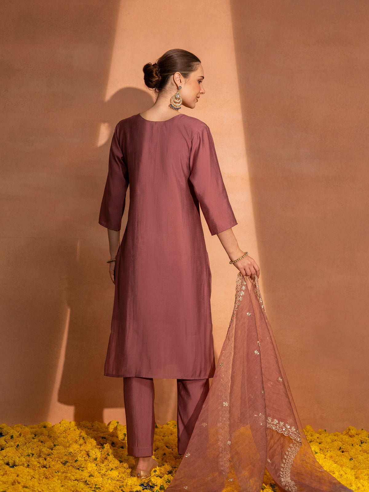 TITTLI Women Handwork Embroidered Round Neck Roman Silk Kurta Set with Cut-Work Dupatta (Gajjar)