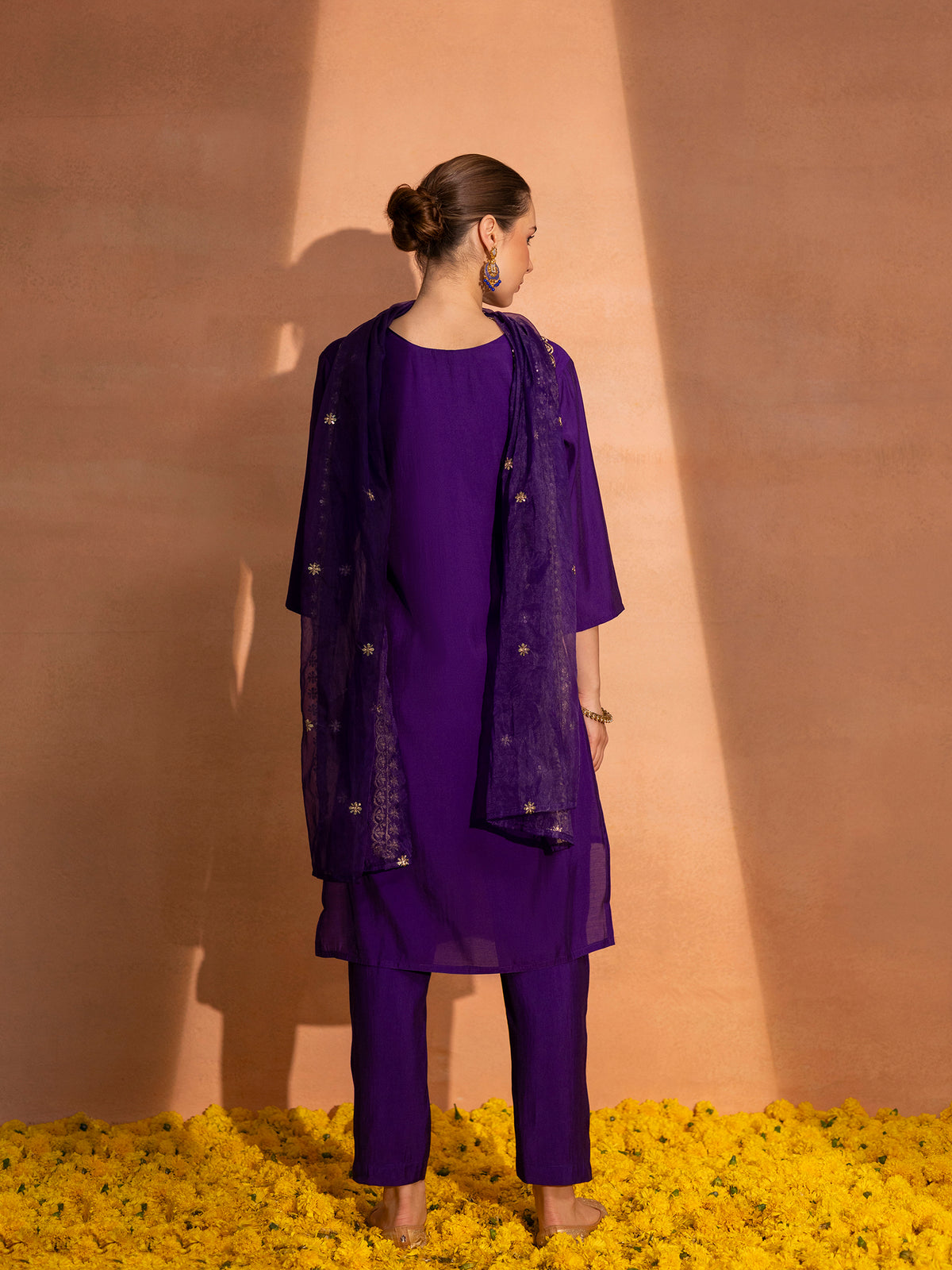 TITTLI Women Handwork Embroidered U Neck Roman Silk Kurta Set with Georgette Cutwork Dupatta (Violet)
