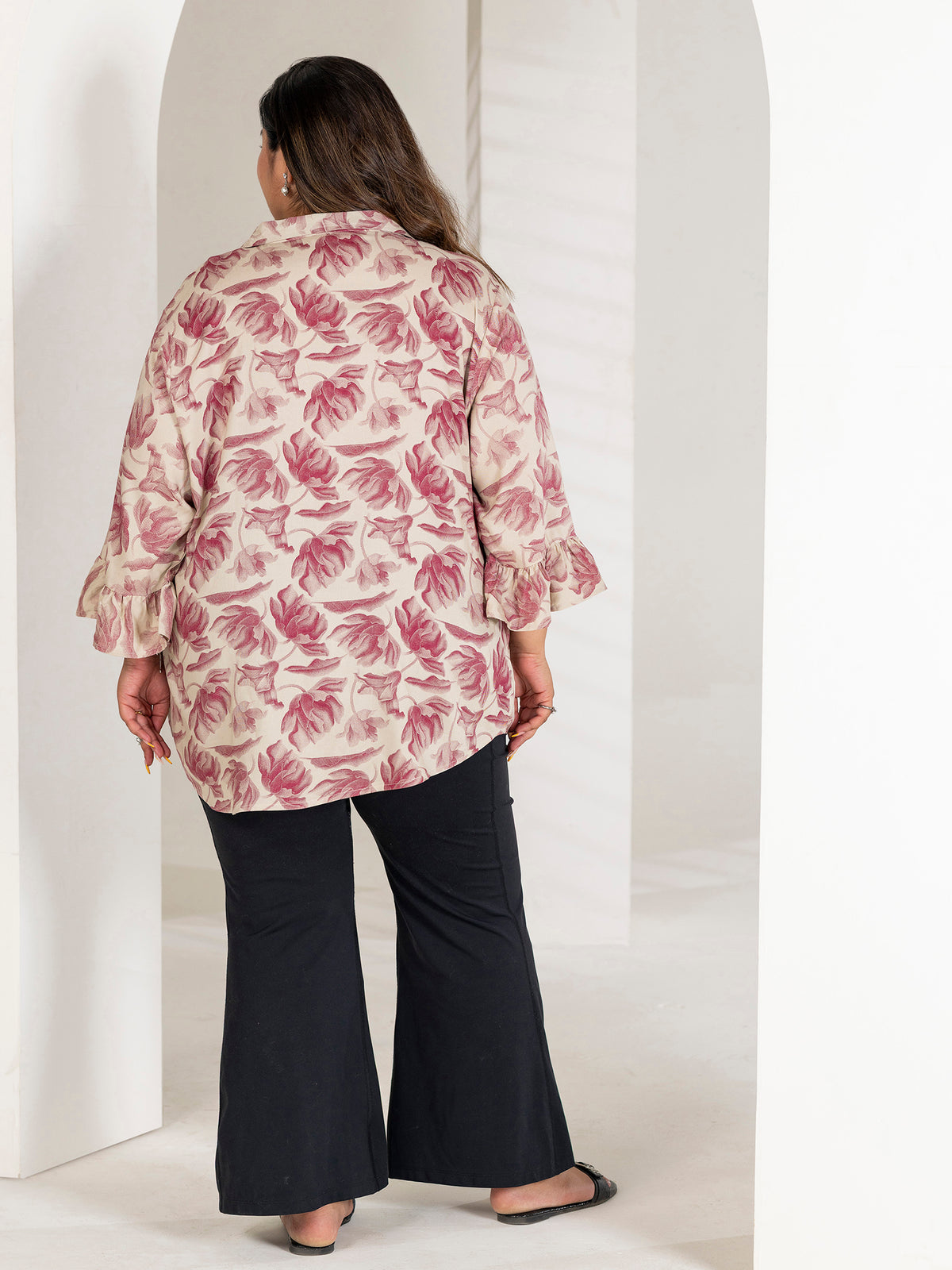 TITTLI Women Plus Size Floral Printed Short Kurti with V-Neck Collar & Three Quarter Bell Sleeves(Rani & Cream)