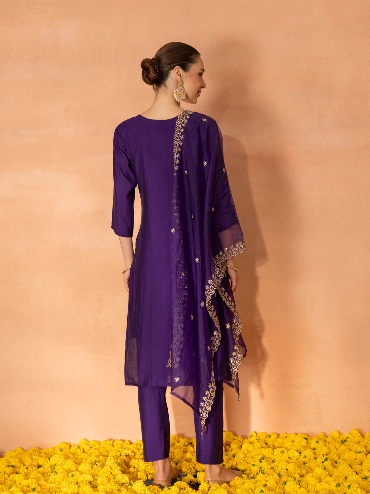 TITTLI Women Handwork Embroidered U-Neck Roman Silk Kurta Set with Georgette Cutwork Dupatta (Violet)