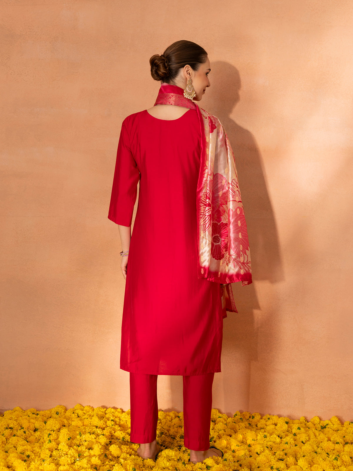 TITTLI Women Handwork Embroidered U-Neck Roman Silk Kurta Set with Jacquard Digital Print Dupatta (Red)