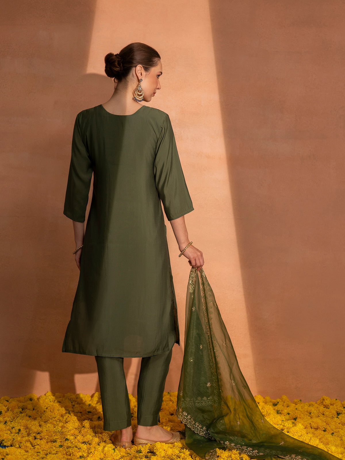 TITTLI Women Handwork Embroidered V-Neck Roman Silk Kurta Set with Georgette Cutwork Dupatta (Olive)