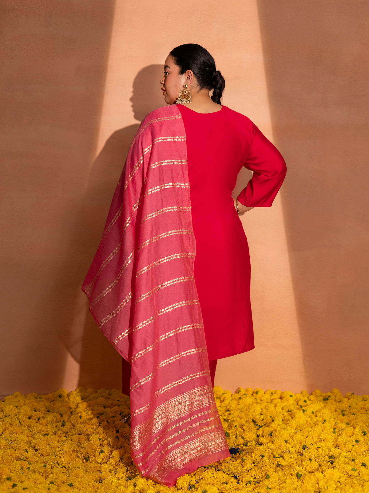 TITTLI Plus Size Women Handwork Embroidered U-Neck Roman Silk Kurta Set with Jacquard Dupatta (Red)