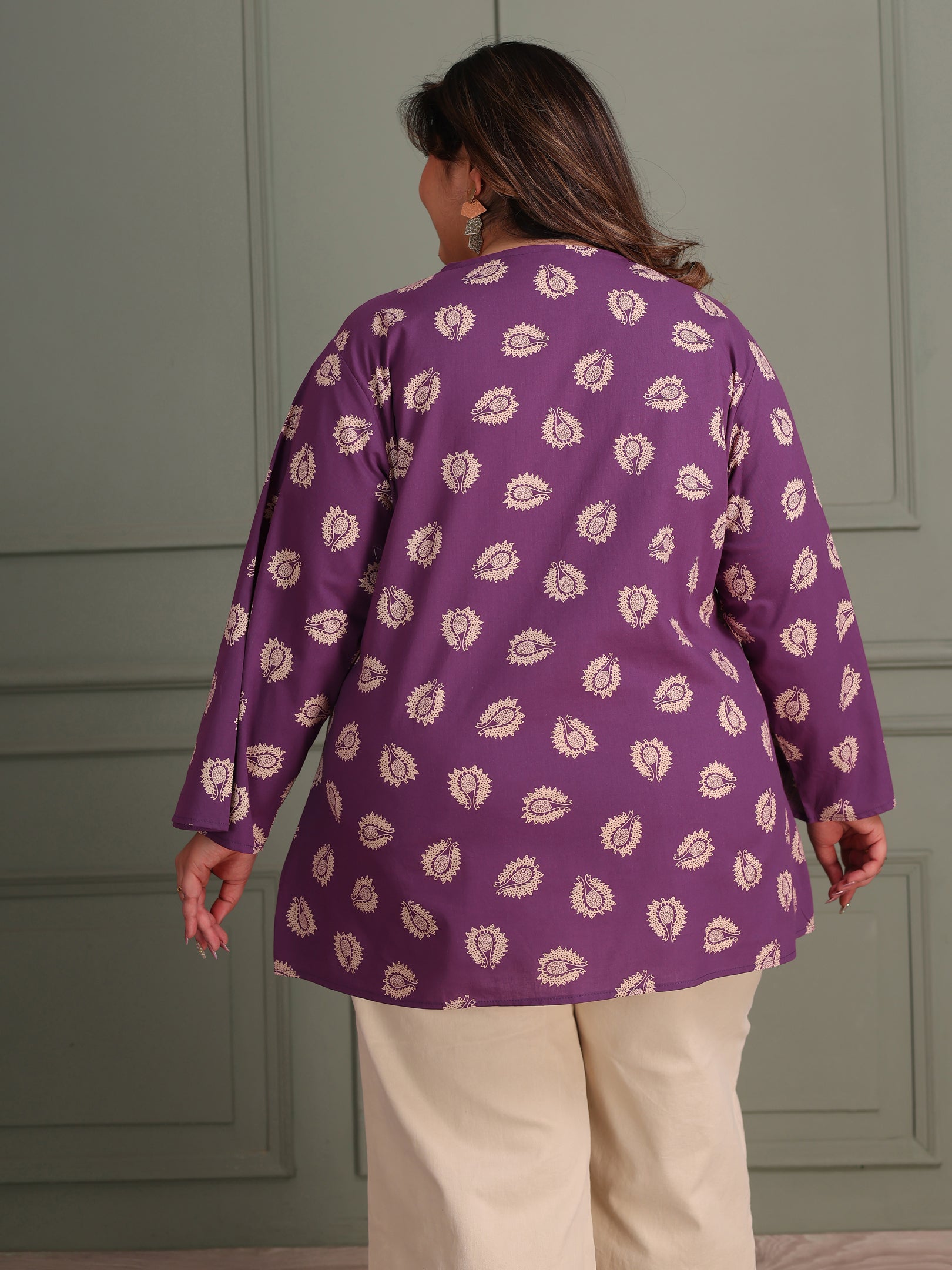 TITTLI Women Plus Size Printed Pure Cotton V-Neck Flared Sleeve Short Kurti (Purple)