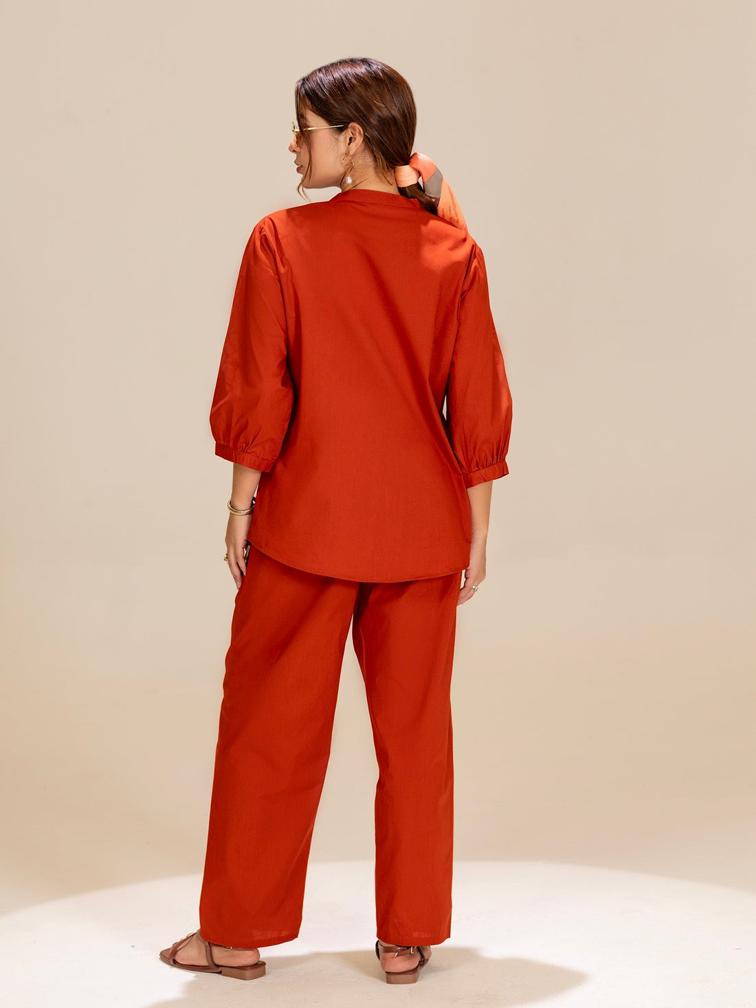 TITTLI Orange Colour Printed Relaxed Fit Pure Cotton Shirt And Trouser Co-Ord Set For Womens