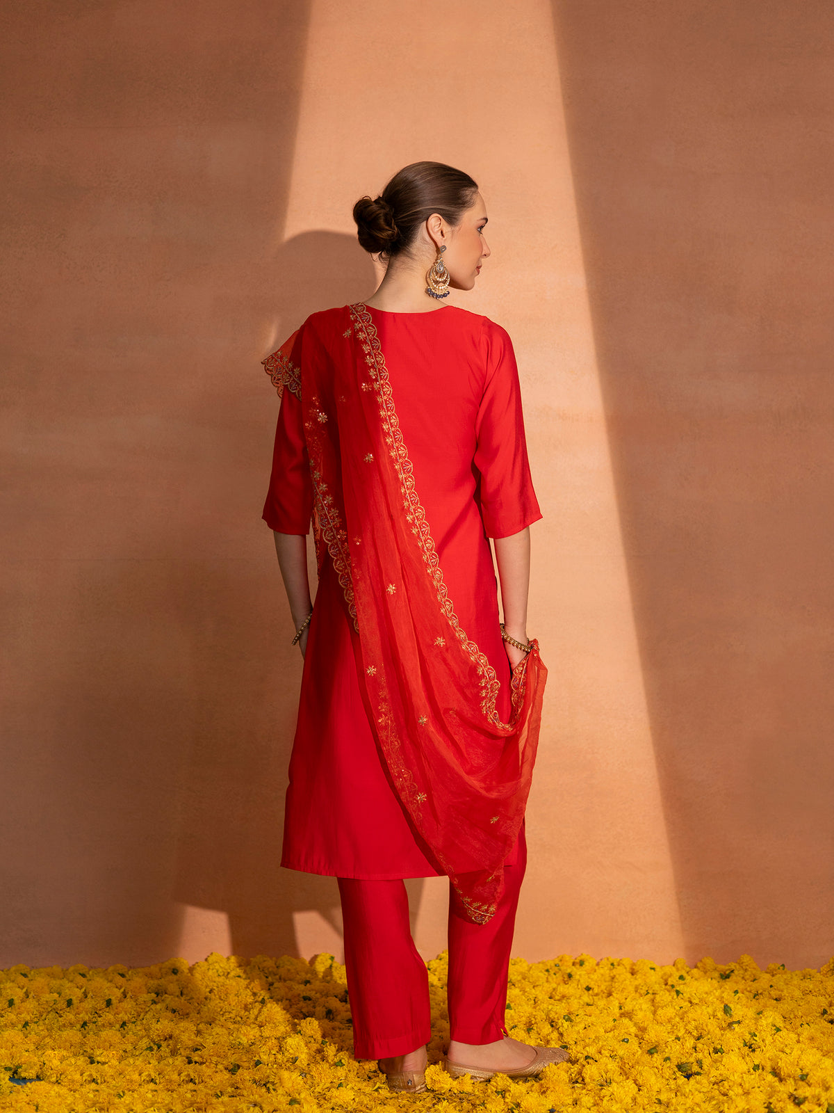 TITTLI Women Handwork Embroidered U-Neck Roman Silk Kurta Set with Dupatta(Red)