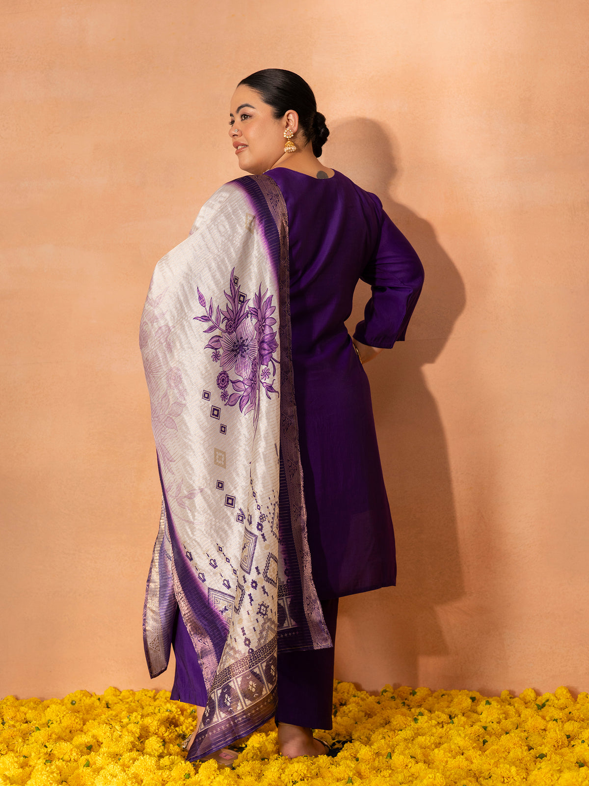 TITTLI Plus Size Women Handwork Embroidered U-Neck Roman Shimmer Silk Kurta Set with Jacquard Digital Print Dupatta