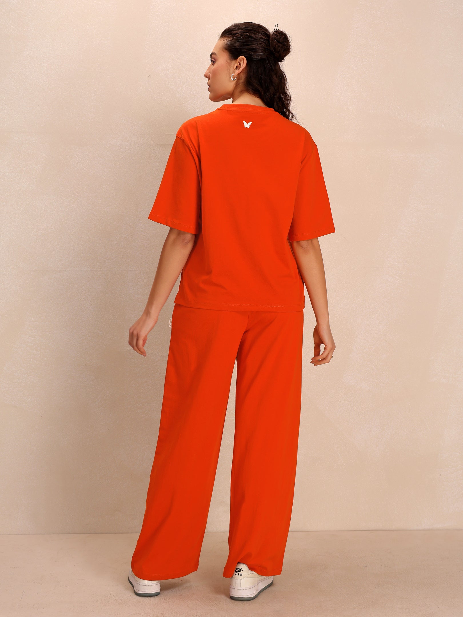 TITTLI Women Pure Cotton Solid T-Shirt And Trouser Co-Ord Set (Orange)