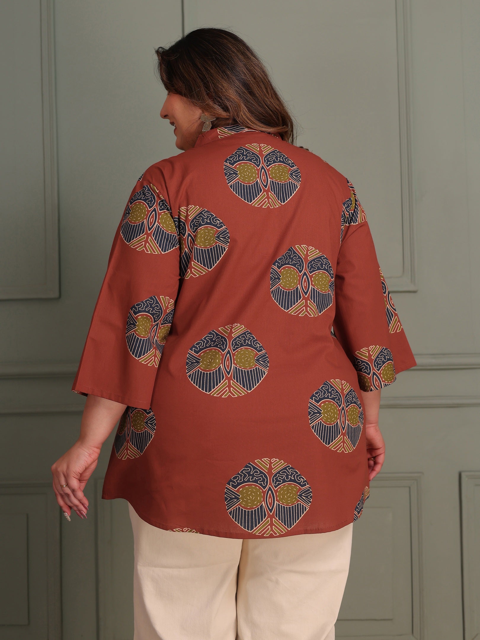 TITTLI Women Plus Size Printed Pure Cotton Mandarin Collar Casual Kurti (Rust)