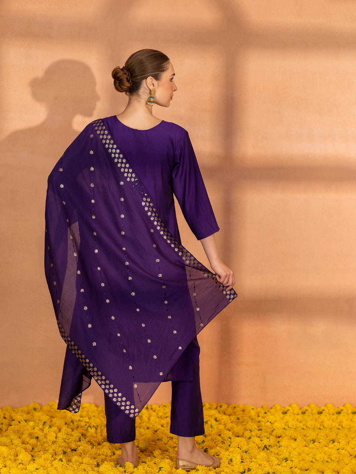 TITTLI Women Handwork Embroidered U-Neck Roman Silk Kurta Set with Georgette Cutwork Dupatta (Violet)