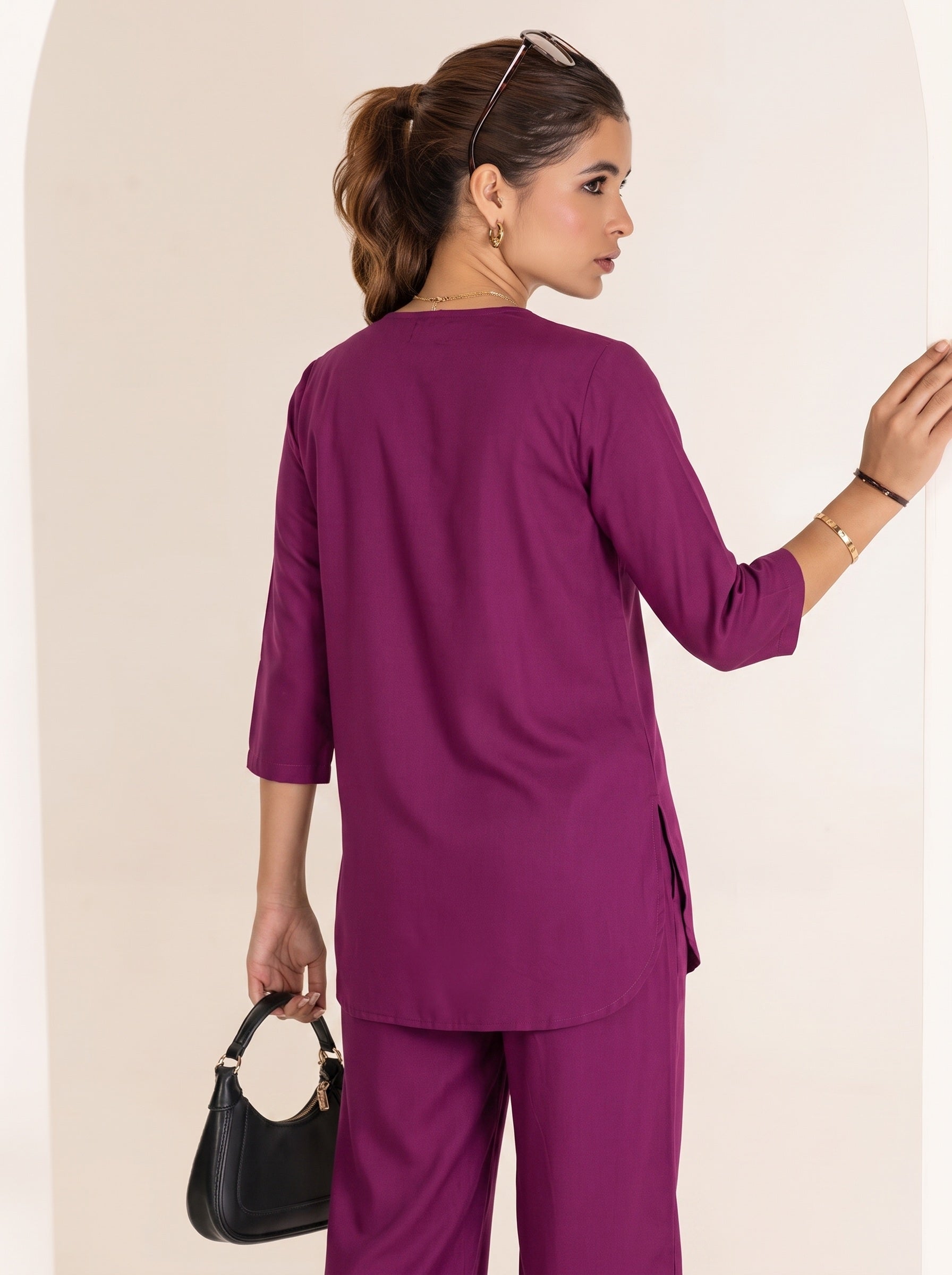 TITTLI Women Cotton Silk V-Neck Tunic & Trousers Co-Ord Set (Wine)