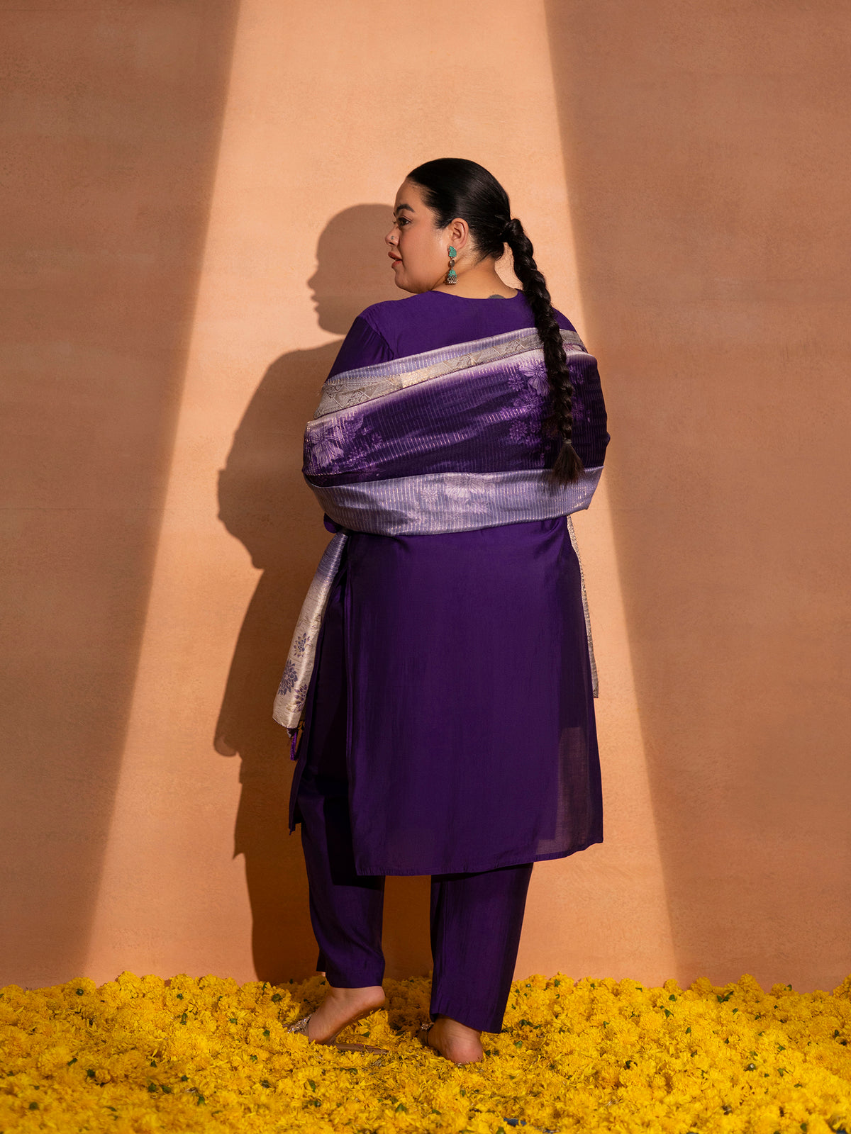 TITTLI Plus Size Women Handwork Embroidered V-Neck Roman Silk Kurta Set with Jacquard Digital Printed Dupatta (Violet)