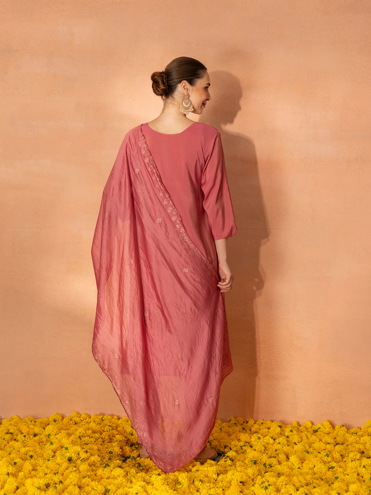TITTLI Women Handwork Embroidered V-Neck Roman Shimmer Silk Kurta Set with Rayon Dupatta(Pink)