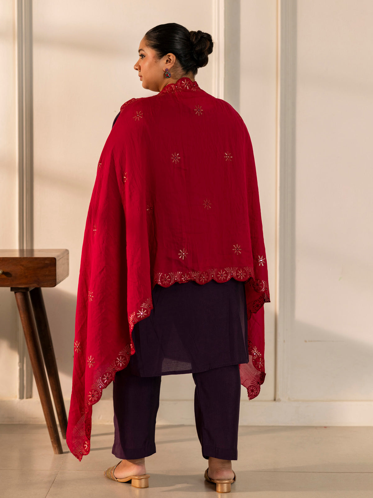 TITTLI Plus Size Women Handwork Embroidered Round Neck with V Drape Roman Silk Kurta Set with Cut-Work Dupatta (Wine)