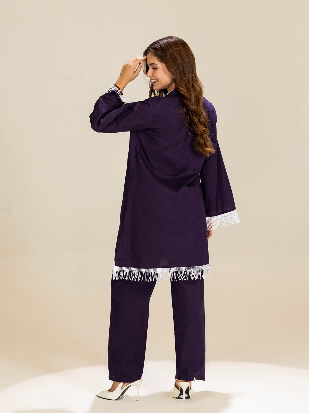 TITTLI Violet Colour Pure Cotton Mandarin Collared V-Neck Lace Detailing Tunic & Trouser Co-Ord Set
