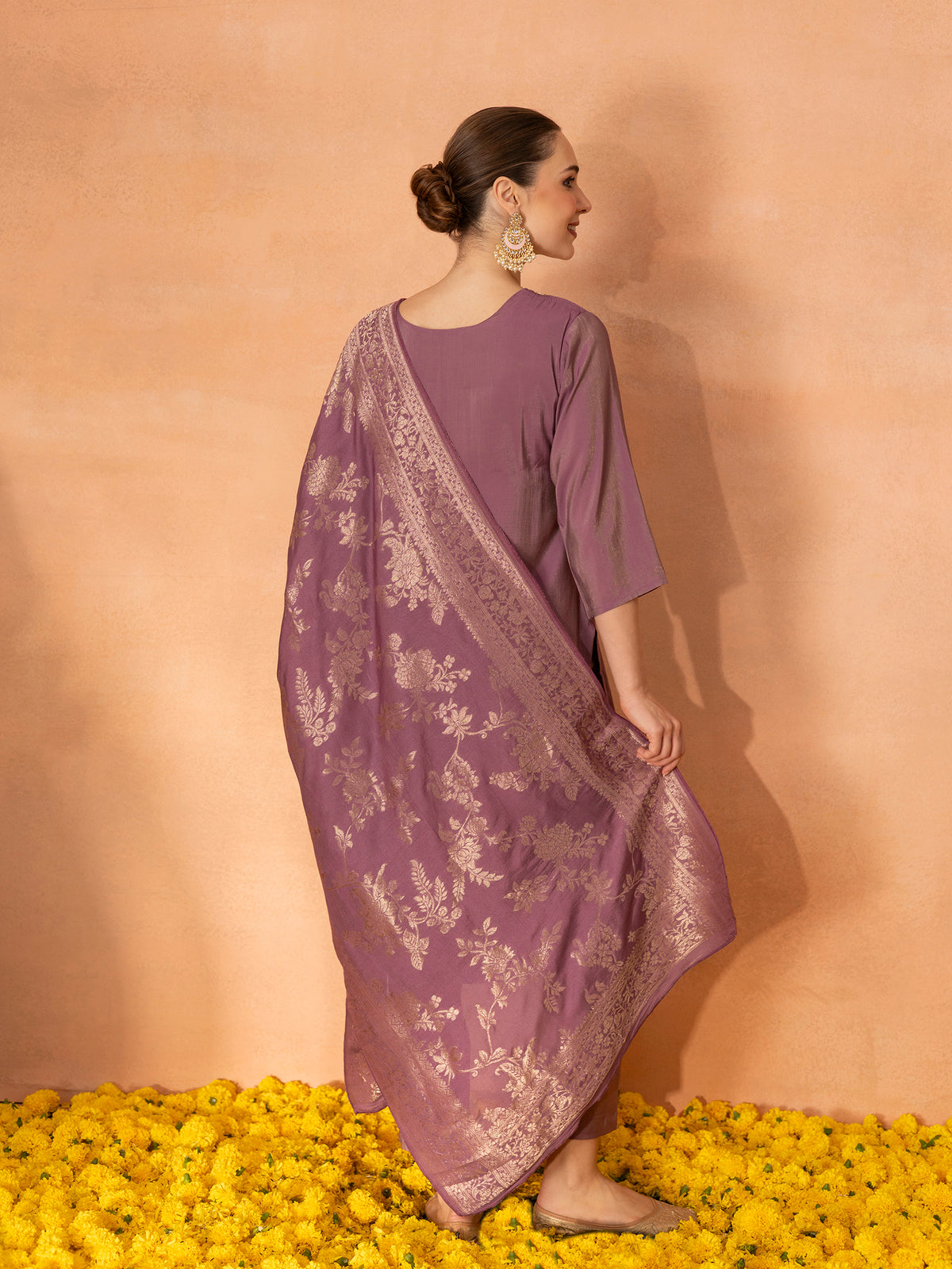 TITTLI Women Handwork Embroidered U-Neck Roman Shimmer Silk Kurta Set with Jacquard Banarasi Print Dupatta (Purple)