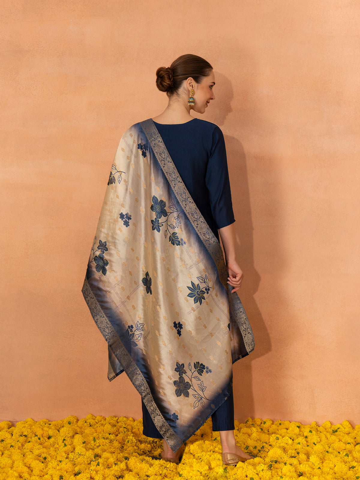 TITTLI Women Handwork Embroidered Round Neck Roman Silk Kurta Set with Jacquard Digital Print Dupatta (Navy Blue)