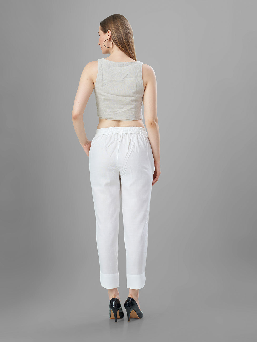 Trendy Silk Cigarette Pants for Ladies in off White back view
