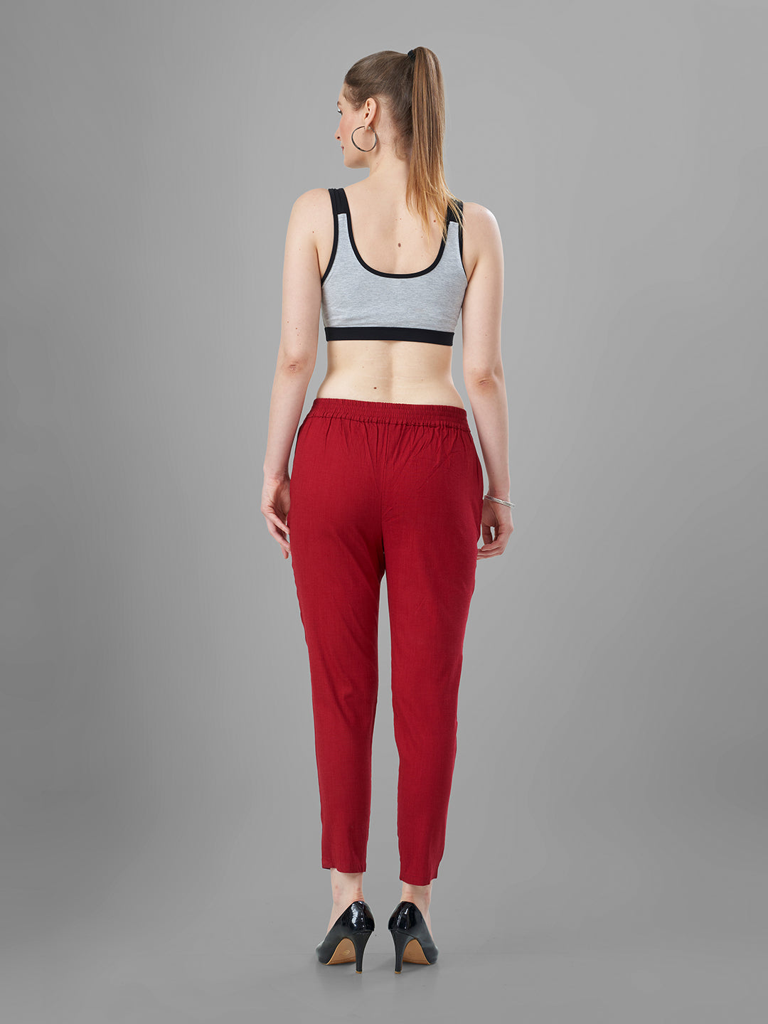 Buy Casual Pants for Women in Maroon back view