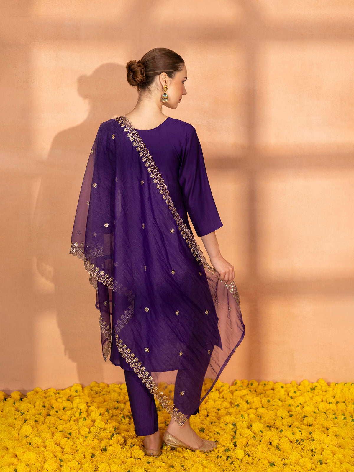 TITTLI Women Handwork Embroidered U-Neck Roman Silk Kurta Set with Cut-Work Dupatta(Violet)