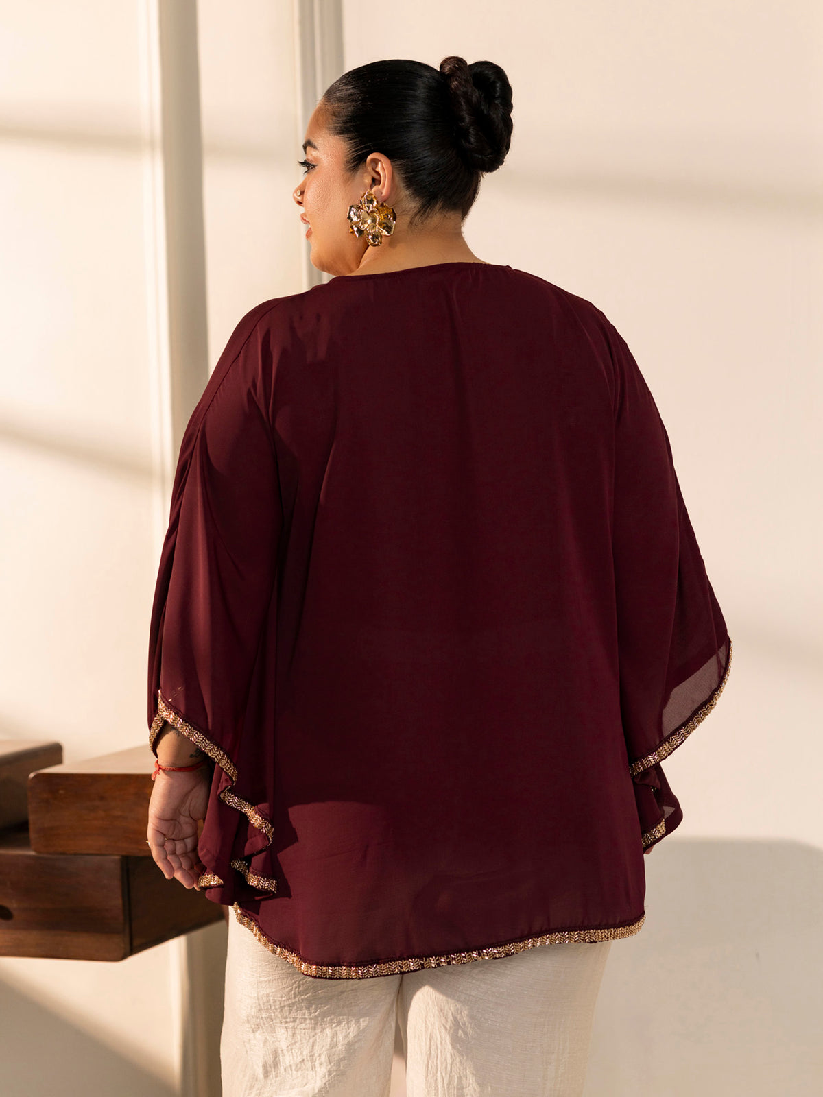 TITTLI Women Plus Size Georgette Solid Kaftan Style Short Top(D.Wine)