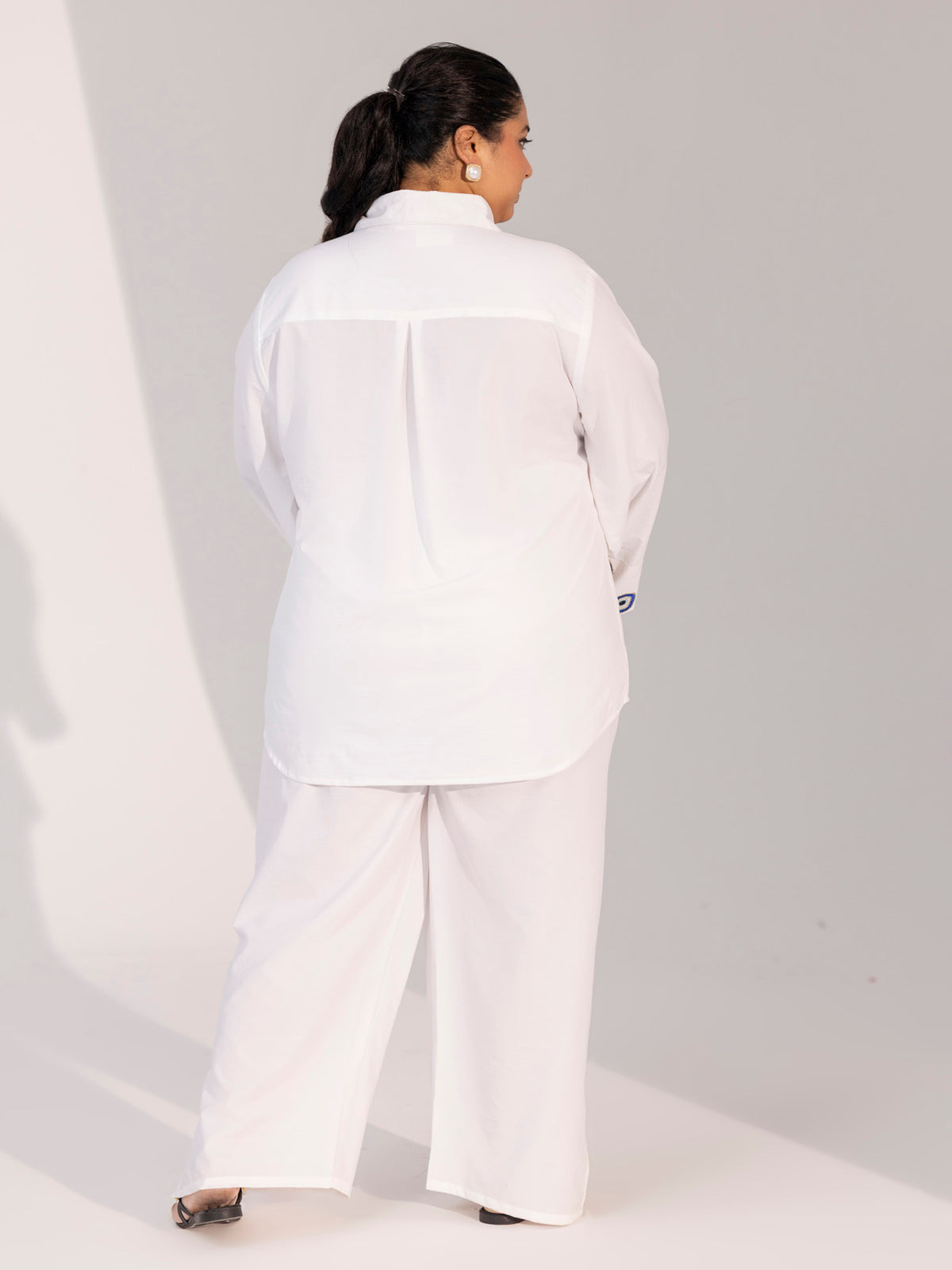 TITTLI Women Plus Size Cotton Shirt and Trousers Co-ord Set with Evil Eye Cuffs(Off White)