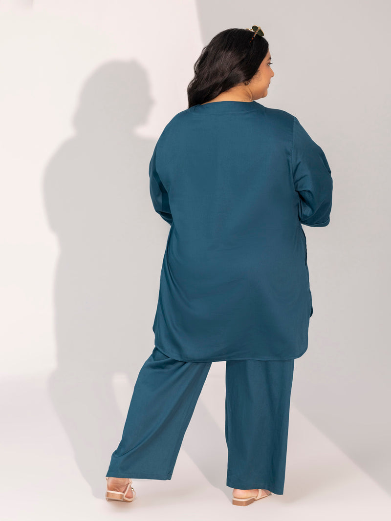 TITTLI Women Cotton Silk V-Neck Tunic & Trousers Plus Size Co-Ord Set (Airforce)