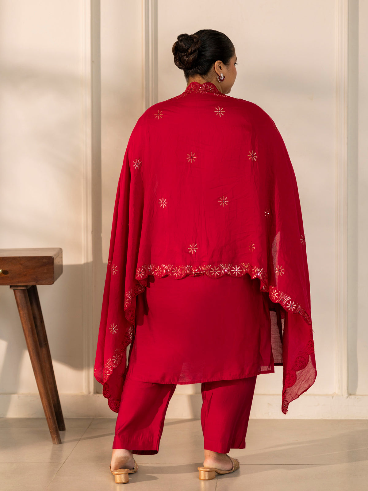 TITTLI Plus Size Women Handwork Embroidered Round Neck with V Roman Silk Kurta Set with Cut-Work Dupatta (C. Red)