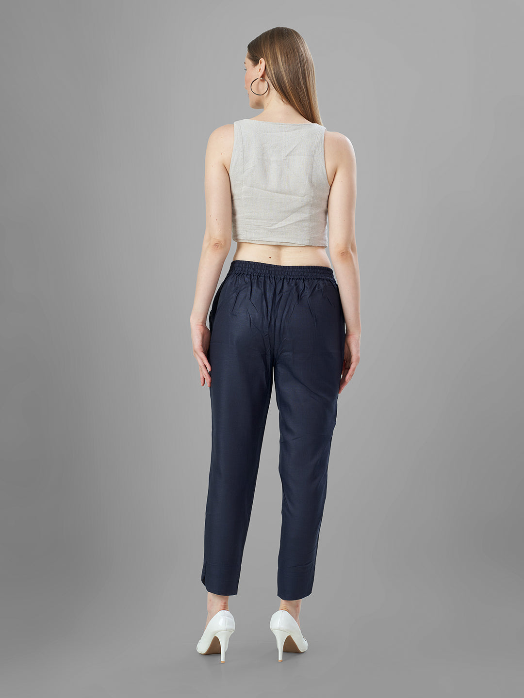 Trendy Silk Cigarette Pants for Ladies in navy back view