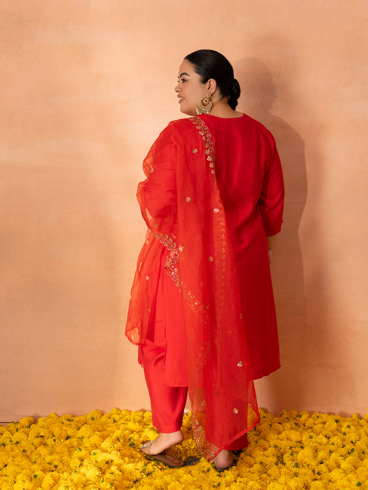 TITTLI Plus Size Women Handwork Embroidered U-Neck Roman Silk Kurta Set with Cut-Work Dupatta (Red)