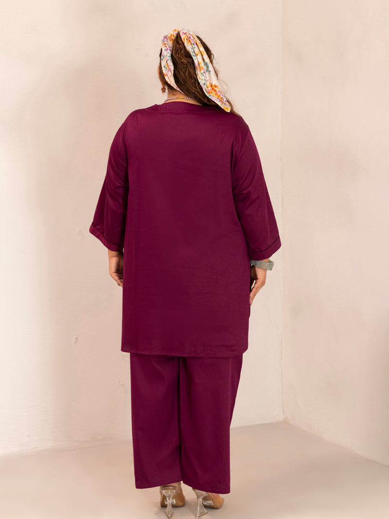 TITTLI Women Cotton Silk V-Neck Tunic & Trousers Plus Size Co-Ord Set (Wine)