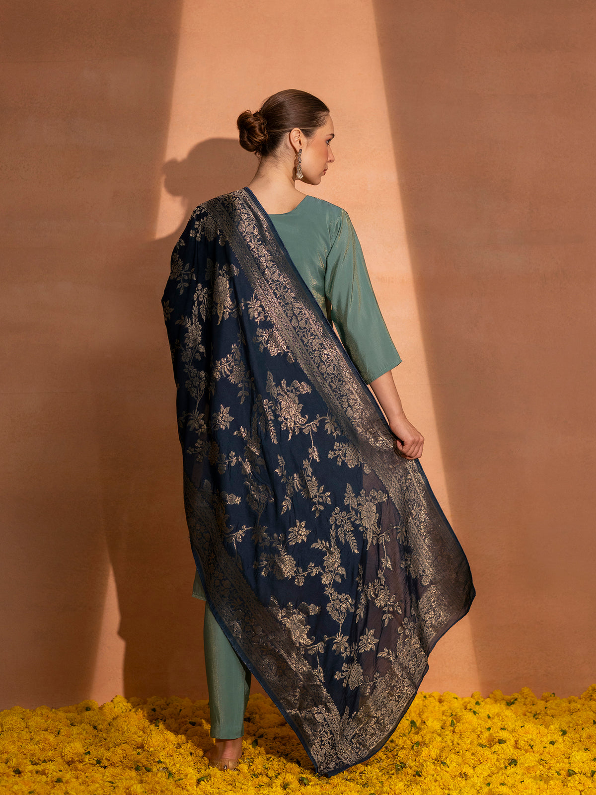 TITTLI Women Handwork Embroidered V-Neck Roman Silk Kurta Set with Jacquard Banarasi Dupatta (Aqua)