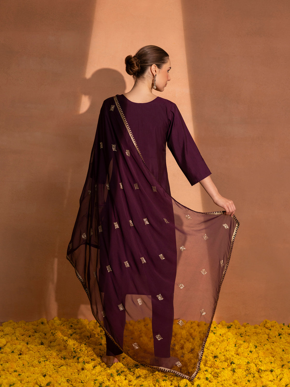 TITTLI Women Handwork Embroidered V-Neck Roman Silk Kurta Set with Georgette Cutwork Dupatta (Wine)