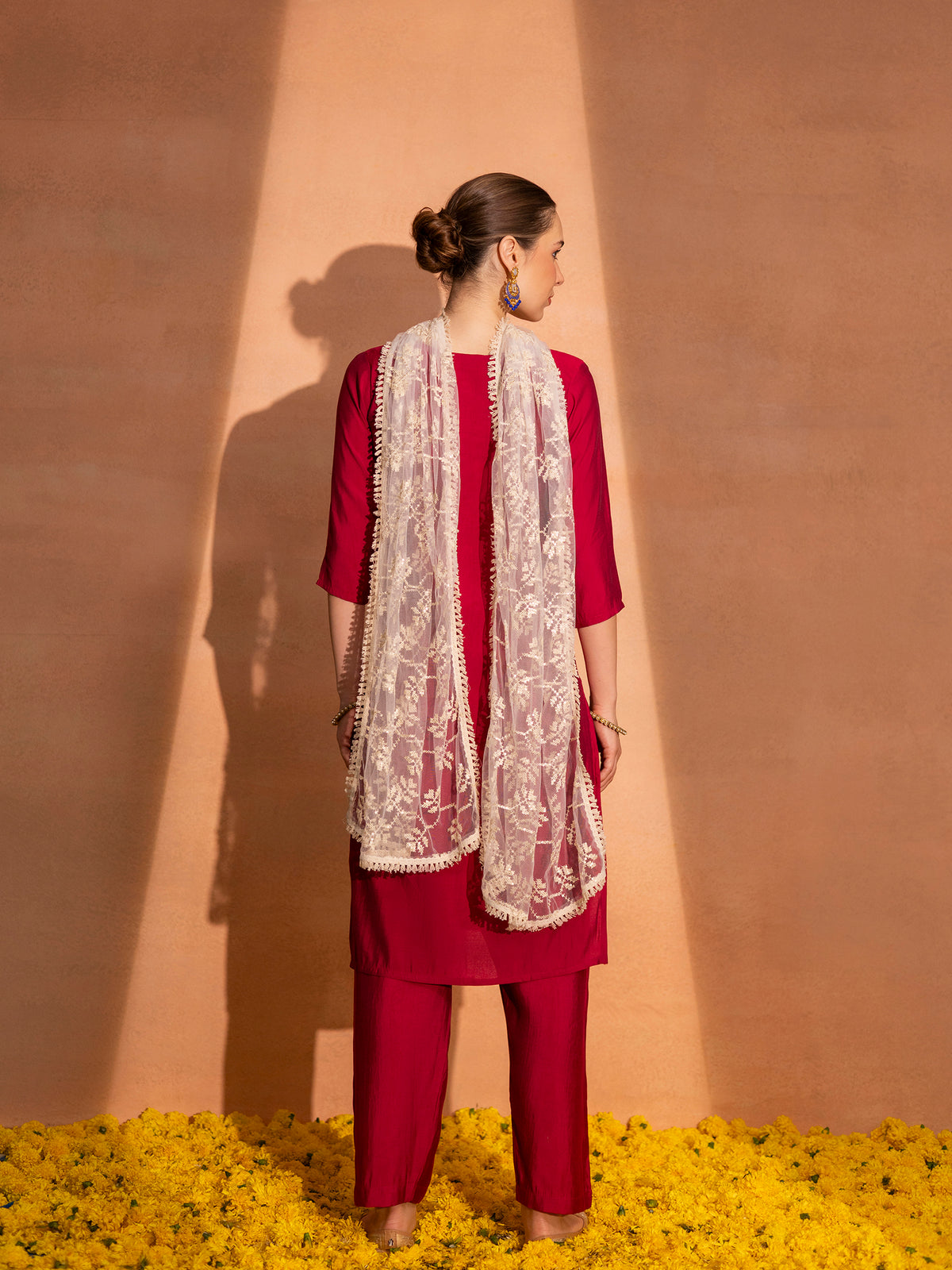 TITTLI Women Handwork Embroidered U-Neck Roman Silk Kurta Set with Embroidered Net Dupatta (Cherry Red)