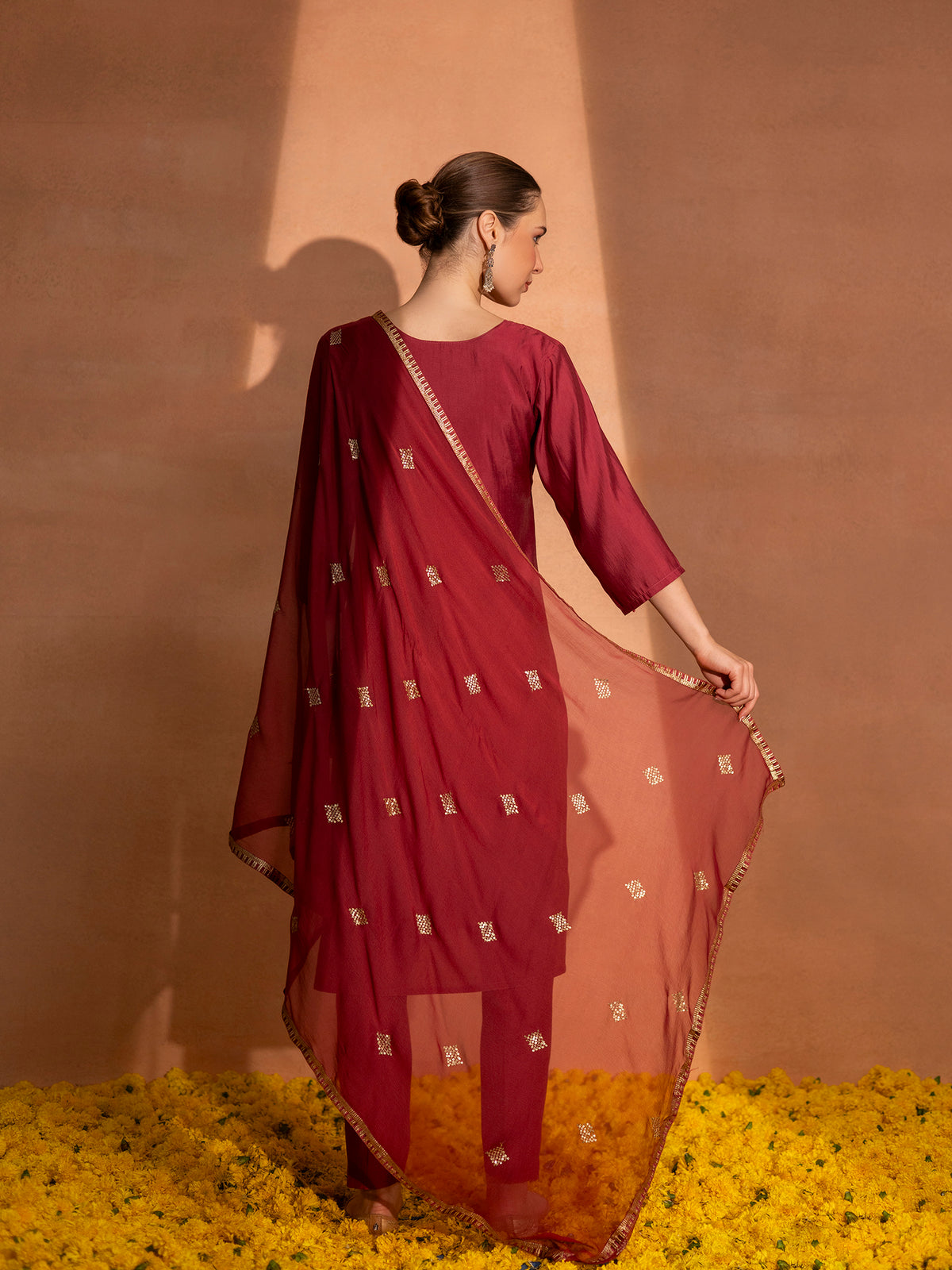 TITTLI Women Handwork Embroidered V-Neck Roman Silk Kurta Set with Georgette Cutwork Dupatta (C. Red)