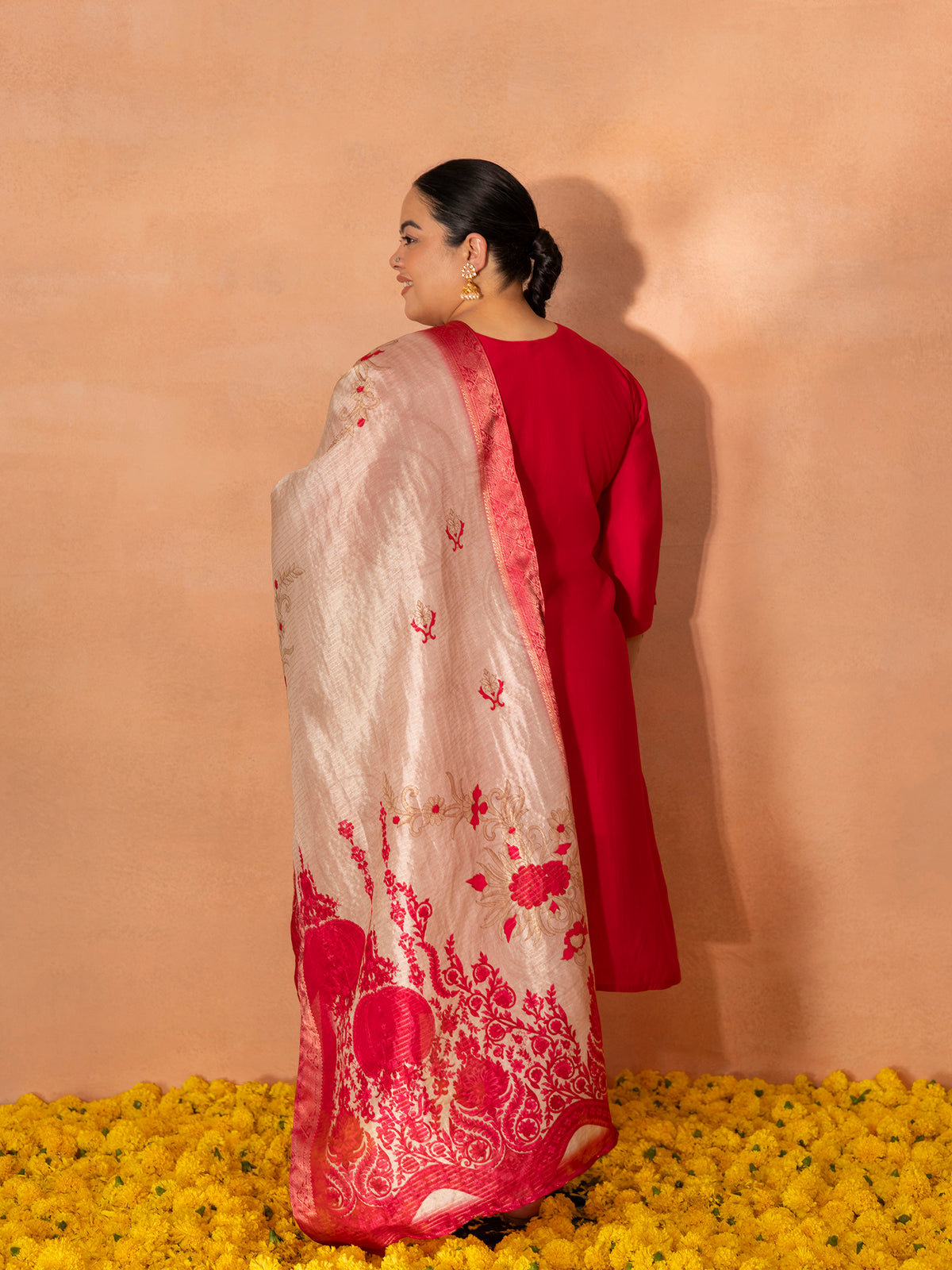 TITTLI Plus Size Women Handwork Embroidered V-Neck Roman Silk Kurta Set with Jacquard Digital Printed Dupatta (Red)